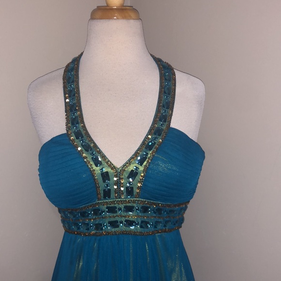 Caché emerald teal gown with neon yellow green lining, size 2 - Picture 2 of 11